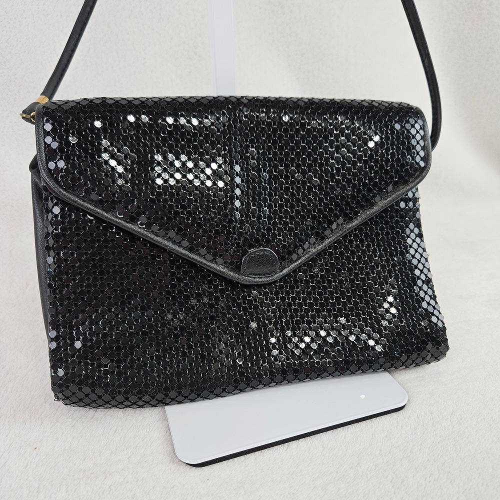 Whiting and Davis Black Metal Mesh Envelope Crossbody Bag Evening Clutch